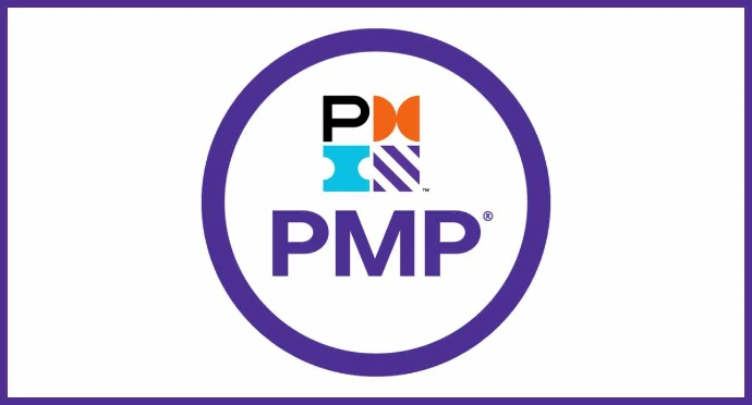 PMP certification logo featuring a purple circle enclosing a stylized colorful 'PMI' icon above bold purple 'PMP' text on a white background.