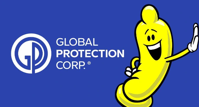 Global Protection Corp logo featuring a stylized white circular 'GP' emblem and a cheerful yellow cartoon condom mascot waving on a blue background.
