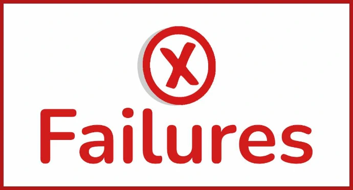 Conceptual graphic featuring the word "Failures" in bold red text below a red circular icon containing a white "X" mark on a clean white background.